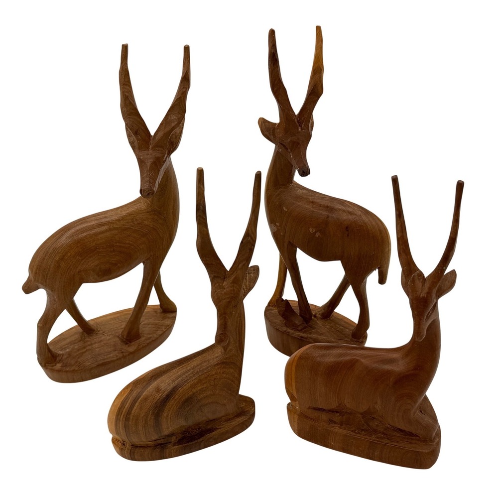 Vintage MCM Hand Carved Wood Gazelle Antelope Set of 4 Made in Kenya Family Lot